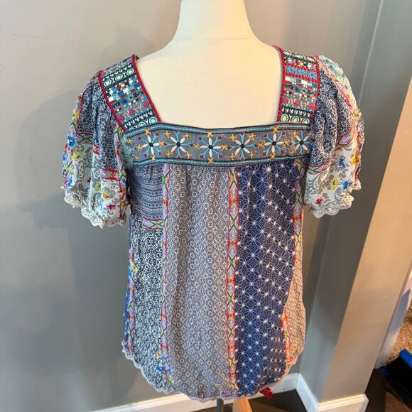 Johnny Was Embroidered Kichica Padme Blouse Silky Patchwork Embroidered Sz XS - Picture 5 of 14